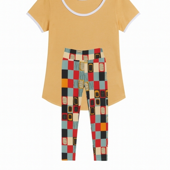 LuLaRoe Mustard Top with Multicolor Geometric Leggings - Picture 3 of 5